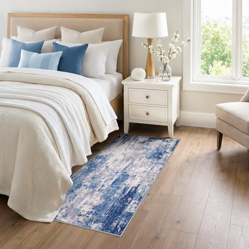 Washable Runner 3'x6' Abstract Area Rug for Hallway Blue Gray (Blue/Gray / 3' x 6' (Runner))