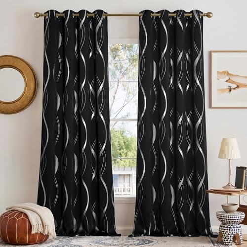 Black Out Grommet Pattern Curtain Panels 84 inches Long (1 - Black / 52"W x 84"L (Pack of 2))