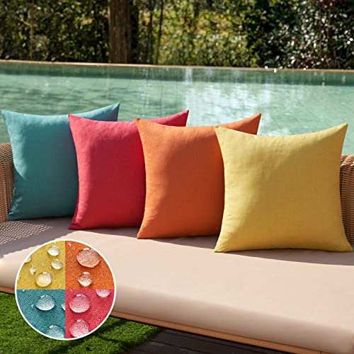 Pack of 4 Decorative Outdoor Throw Pillow Covers Linen Waterproof Pillow Covers Summer Farmhouse Cushion Cases for Patio Garden Tent Balcony Couch Sofa 16x16 Inch Red (16" x 16" (Pack of 4) / Red/Turquoise)