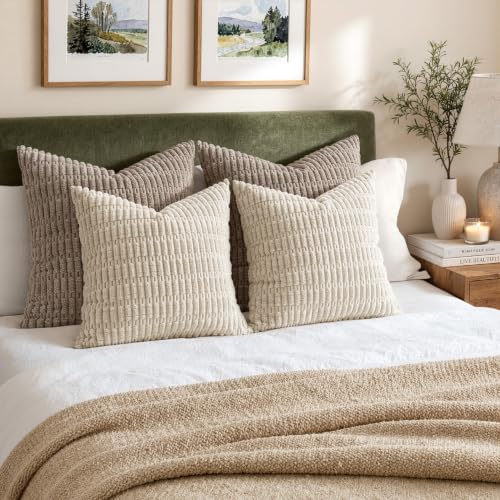 Corduroy Decorative Throw Pillow Covers 18x18 Cream White Pack of 2 (Cream White / 18" x 18" (Pack of 2))