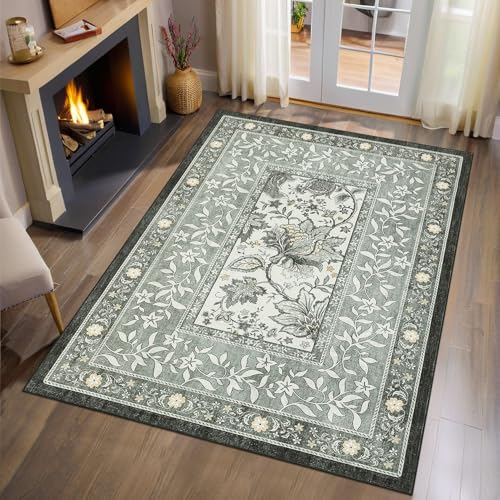 Provence Botanical Grove 4x6 Rug Vintage Cottagecore Soft Gray Fog Green 4x6 Washable Rug for Bedroom Living Room Nursery Kitchen Entryway Indoor Mat (Provence Fog / 4' x 6' (Rectangular))