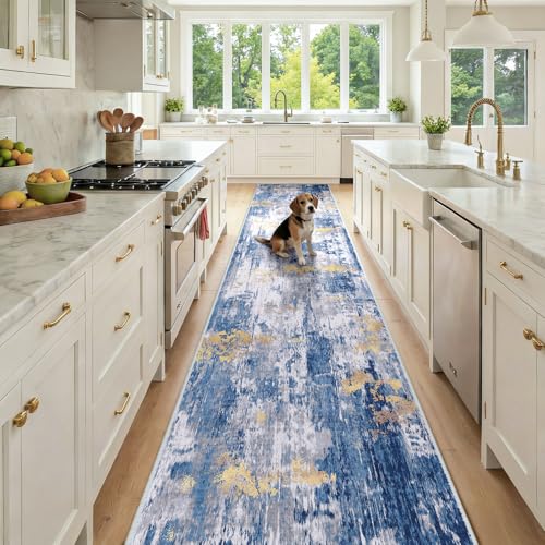 Washable Runner 2'6"x12' Abstract Area Rug for Hallway Blue Gold (Blue/Gold / 2'6" x 12' (Runner))