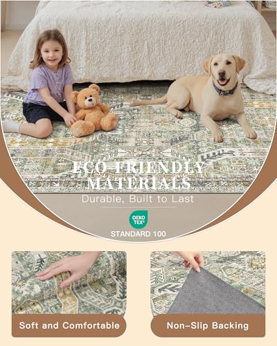 Hallway Runner Rug 2x8 Washable Kitchen Rugs Non (Green/Gold / 2' x 8' (Runner))