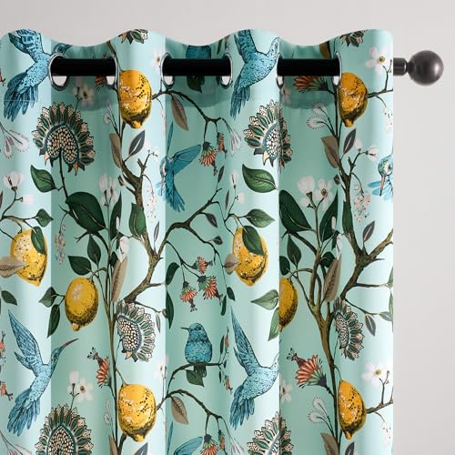 90 Inches Long Curtains Mint Green Whimsical Woodland Leaf Jungle Flower Hummingbird Victorian Grommet Thick Sage Green Curtains for Balcony Sliding Glass Office Bedroom Living Room (Mint Green / 52"W x 90"L (Pack of 2))