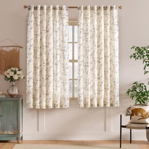Grey Vintage Floral Linen Curtains Farmhouse 50W X 63L 2 Panels (Grey on Beige / 50"W x 63"L (Pack of 2))