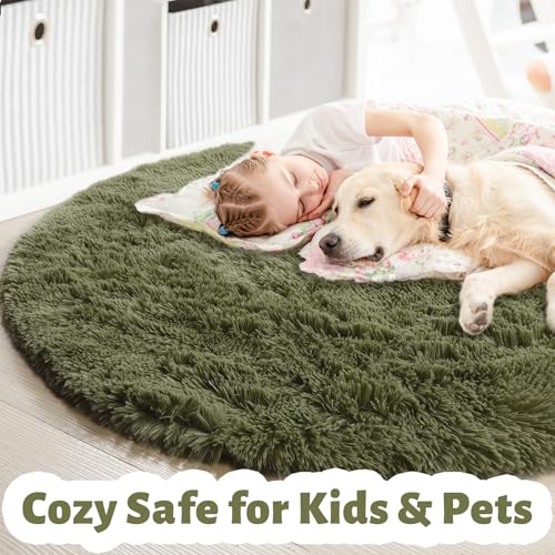 Olive Green Round Shag Area Rug 4Ft for Bedroom Living Room Office (Olive Green / 4' (Round))