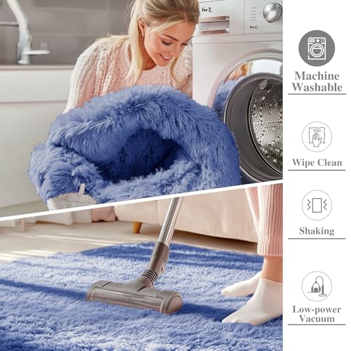 2x3 Machine Washable Small Bedside Rug (2x3 Ft / Denim Blue)