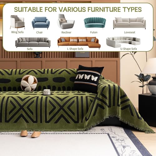 Boho Couch Cover Geometric Striped Pet Covers for Couches and Sofas Olive Green and Black Dog Cover for Couch Pet Friendly Chenille Sectional Sofa Covers for Pets Washable (71" x 150" / Stripe: Olive Green and Black)