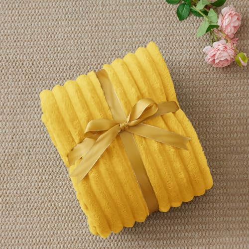 Ribbed Fleece Throw Blanket for Couch (Light Yellow / Throw(50"x60"))