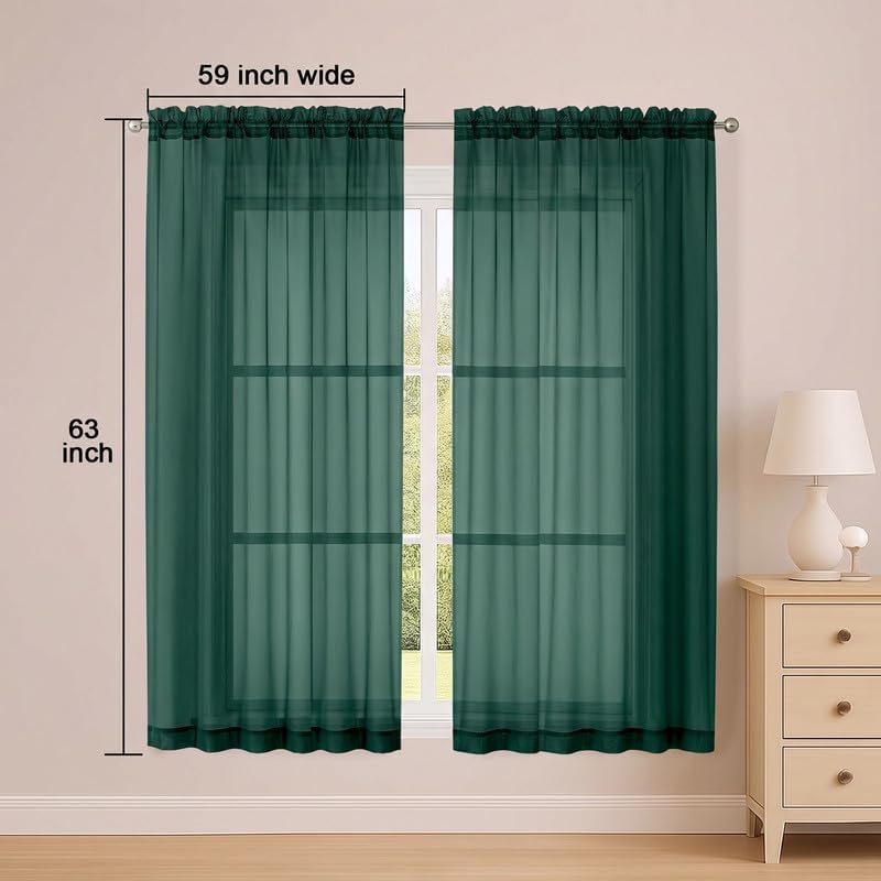 Hunter Green Sheer Curtains 63 Inch 2 Panels for Living Room (Hunter Green / 59"W x 63"L (Pack of 2))