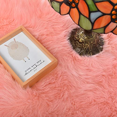 Pink Washable Fluffy Circle Rugs for Bedroom Small Faux Sheepskin Shag Fur Round Rugs 4ft Nursery Rug Cute Room (4' (Round) / Pink)