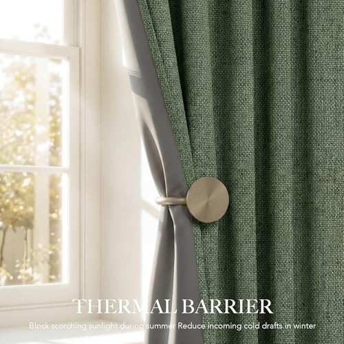 Olive Green 100% Blackout Linen Curtains 90 Inch Long for Office (Olive Green / 52"W x 90"L (Pack of 2))