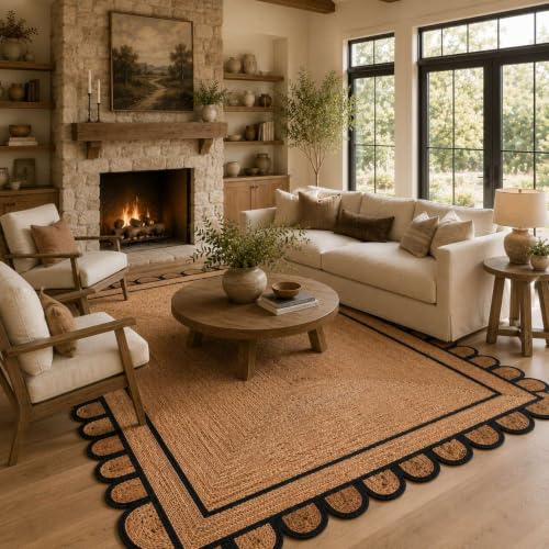 Scalloped Natural Jute Area Rug 2.5x6 Ft (Black / 2'7" x 6' (Rectangular))