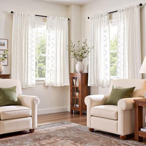 Floral Linen Curtains 63 Inch Farmhouse Back Tab 2 Panels (Off White / 50"W x 63"L (Pack of 2))