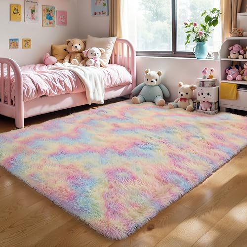 5x8 Rainbow Unicorn Fluffy Shag Rug for Girls Bedroom (Rainbow / 5' x 8' (Rectangular))