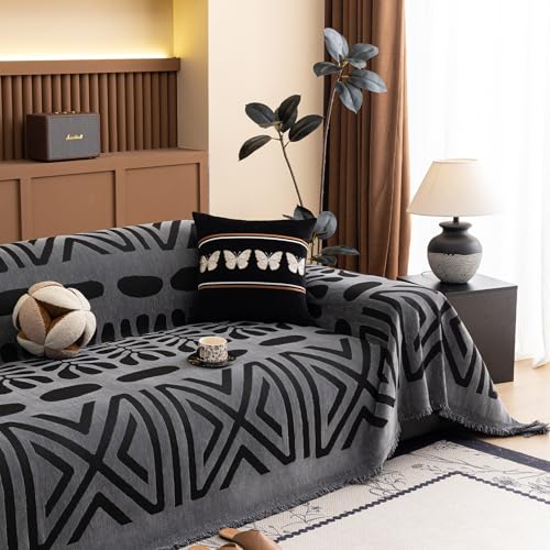 Boho Couch Cover Blanket Geometric Striped Pet Covers for Couches and Sofas Dark Grey and Black Dog Cover for Couch Pet Friendly Chenille Sectional Sofa Covers for Pets Washable (71" x 118" / Stripe: Dark Grey and Black)