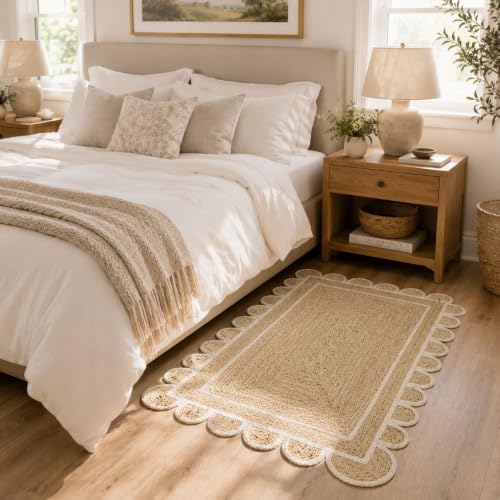 Scalloped Natural Jute Area Rug Handwoven Boho Farmhouse Rug for Living Room (White / 6' x 8' (Rectangular))