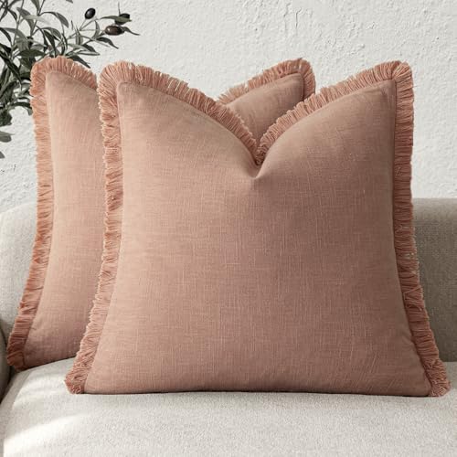 Decorative Linen Fringe Throw Pillow Covers 22×22 Coral Pink (22" x 22" (Pack of 2) / Coral Pink)