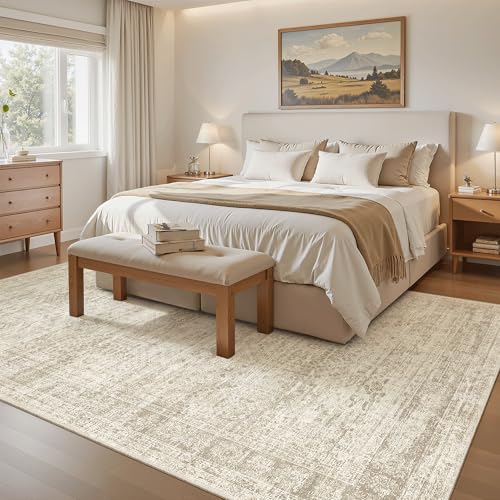 5x8 Area Rugs Beige Low Pile Washable Trendy Faded Style Rug (Beige / 5' x 8' (Rectangular))