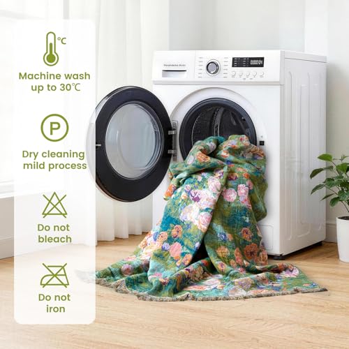Boho Throw Blanket 50"x60" Cotton Floral Muslin Blanket for Sofa (Green Garden / 50"x60")