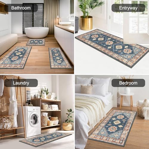 HEBE Boho Kitchen Rugs Set of 3 (Blue/Coffee / 20"x32"+20"x48"+30"x50")