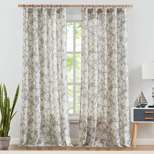 Black Floral Linen Curtains 96 Inch Vintage Back Tab 2 Panels (Flower Black on Beige / 50"W x 96"L (Pack of 2))