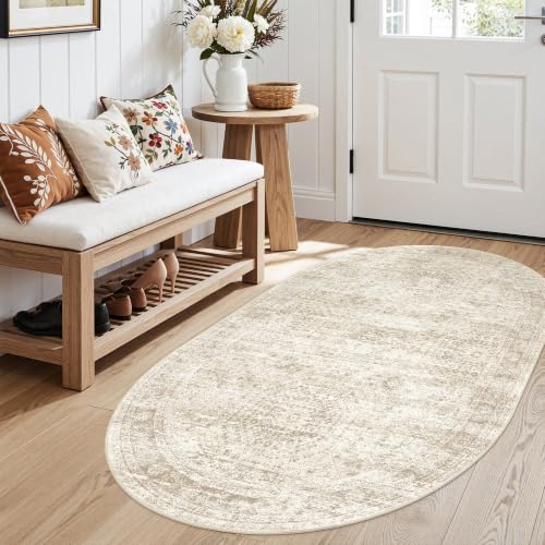Small Oval 3x5 Rug for Entryway Kitchen (Beige / 3' x 5' (Oval))