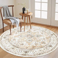 Amada Round 5x5 Washable Area Rug for Living Room (5' (Round) / Distressed Beige/Cream)