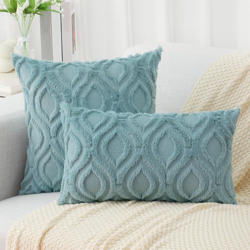 Faux Fur Plush Soft Aqua Throw Pillow Covers 16x16 Set of 2 (16" x 16" (Pack of 2) / Aqua)