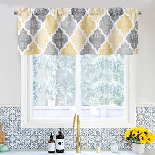 Moroccan Valance Curtains Kitchen Cafe Yellow Grey 52x18 1 Panel (Rod Pocket | Yellow and Grey / 50"W x 18"L (Pack of 1))