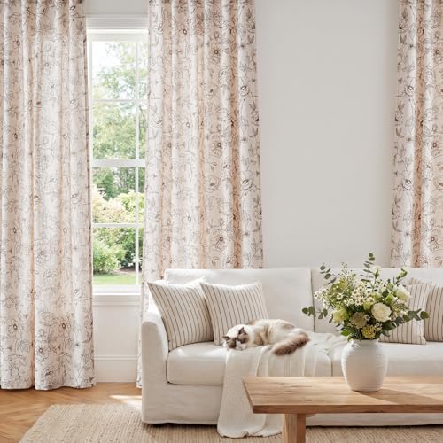 Floral Linen Curtains for Living Room 84 Inch Length Brown Flower Curtain Rod Pocket Back Tab Farmhouse Curtains with Printed Floral Bedroom Window Curtain Set (Penny Brown on Ecru / 50"W x 84"L (Pack of 2))