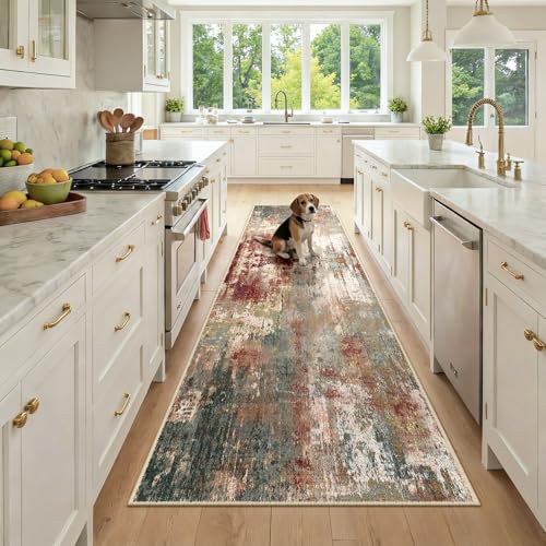 Washable Runner 3'x9' Abstract Area Rug for Hallway Rustic Brown (Rust Red/Green/Blue/Multi / 3' x 9' (Runner))