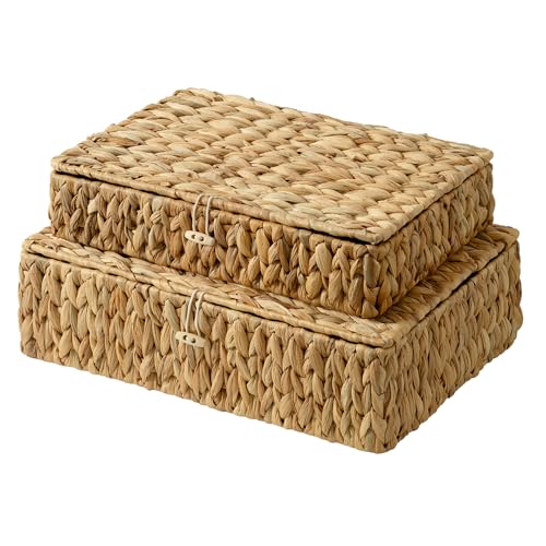 Wicker Basket with Lid (Natural(Water Hyacinth) / 16½"L x 11¾"W x 4½"H + 14½"L x 10"W x 3¼"H)