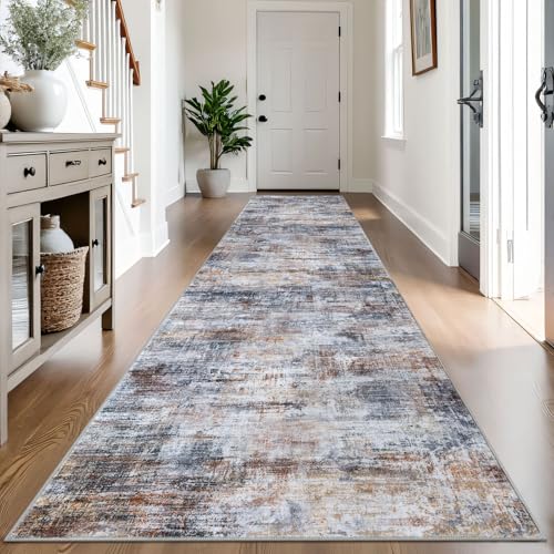 Abstract Runner Rug 3x14 Ft Washable Runners for Hallways (Orange/Brown/Grey / 3' x 14' (Rectangular))