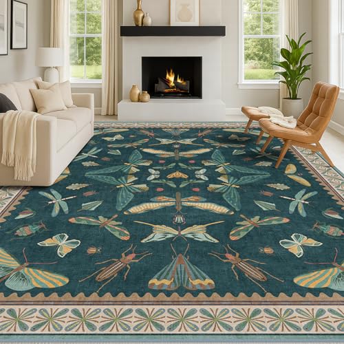 Insect Boho 7X9 Washable Living Room Rug (7' x 9' (Rectangular) / Teal)
