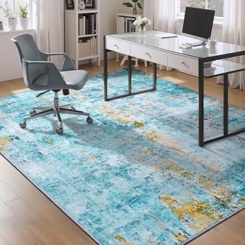 Living Room Rug 5x7 Teal Blue Area Rug Machine Washable Boho Rug Non Slip Abstract Vintage Indoor Large Rugs for Bedroom (Teal Blue / 5' x 7' (Rectangular))