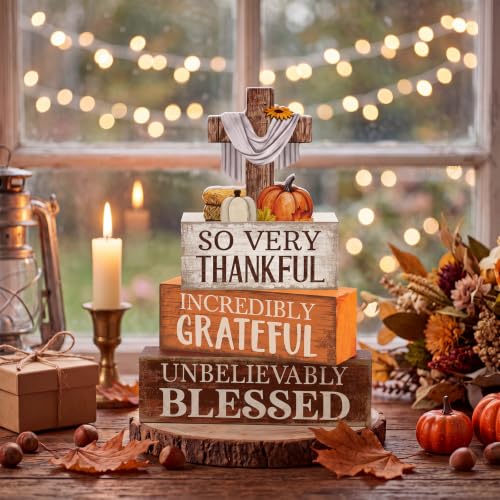4 Pcs Fall Table Decoration for Home Religious Cross Stacked Signs (Cross Fall)