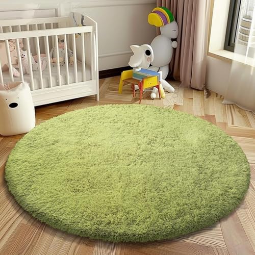 Grass Green Round Shag Area Rug for Bedroom (Grass Green / 3' (Round))