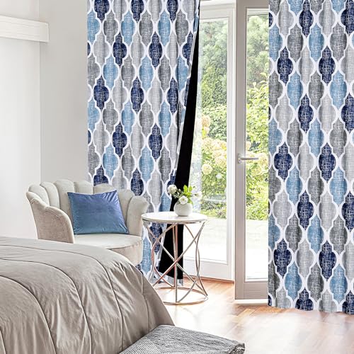 Moroccan 100% Blackout Curtains Bedroom Blue Grey 50x63 2 Panels (Rod Pocket | Blue and Grey / 50"W x 63"L (Pack of 2))