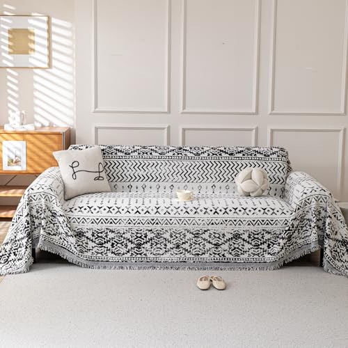 Boho Chenille Couch Cover for Dogs (Geometric Black / 71*118 inch)