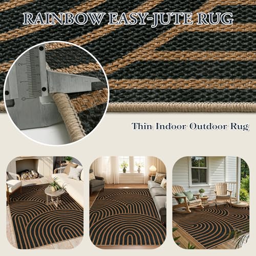 Modern Rainbow Easy Jute Carpet (5' x 7' (Rectangular) / Black/Multi-rainbow-1)