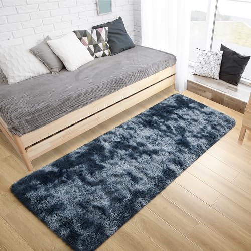 Soft 2x6 Runner Rugs for Bedroom Living Room Fluffy Plush (Tie-dyed Blue and Grey / 2' X 6' (Runner))