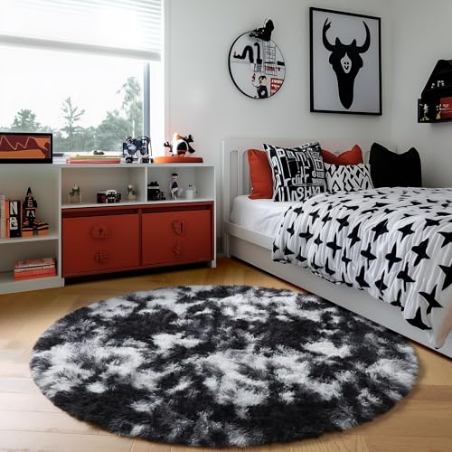 Black White Grey Round Circle Area Rug 4Ft for Bedroom Living Room (Black White Grey / 4' (Round))