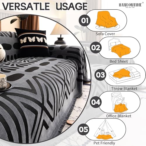 Boho Couch Cover Blanket Geometric Striped Pet Covers for Couches and Sofas Dark Grey and Black Dog Cover for Couch Pet Friendly Chenille Sectional Sofa Covers for Pets Washable (71" x 118" / Stripe: Dark Grey and Black)