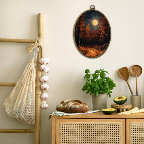 Dark Moody Fall Full Moon Forest Landscape Oval Wall Art Decor Framed (Color01)