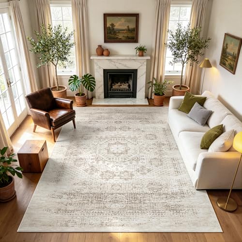 8x10 Boho Washable Area Rug for Living Room (8' x 10' (Rectangular) / Brown-faint-yellow)