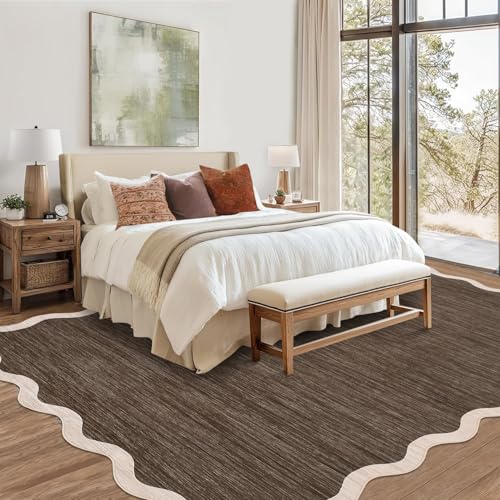 Scalloped Washable Area Rug 8 x 10 Rug for Living Room Non Slip (Scalloped|dark Brown / 8' x 10' (Rectangular))