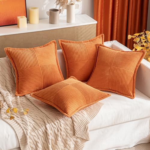 Fall Orange Decorative Throw Pillow Covers for Couch Bed Livingroom 16x16 Inch Set of 2 Boho Accent Throw Pllows Broadside Striped Patchwork Soft Corduroy Pillowcases (Orange / 16" x 16" (Pack of 2))