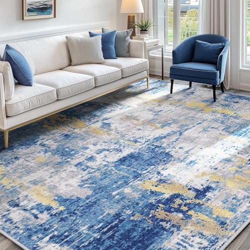 Washable 7'x10' Abstract Area Rug for Living Room Blue Gold (Blue/Gold / 7' x 10' (Rectangular))