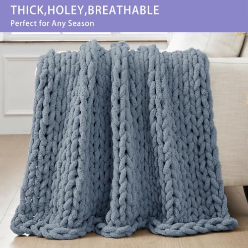 Chunky Knit Throw Blanket for Couch (Cold Sea Blue / 51"x63" (Large Size Throw）)